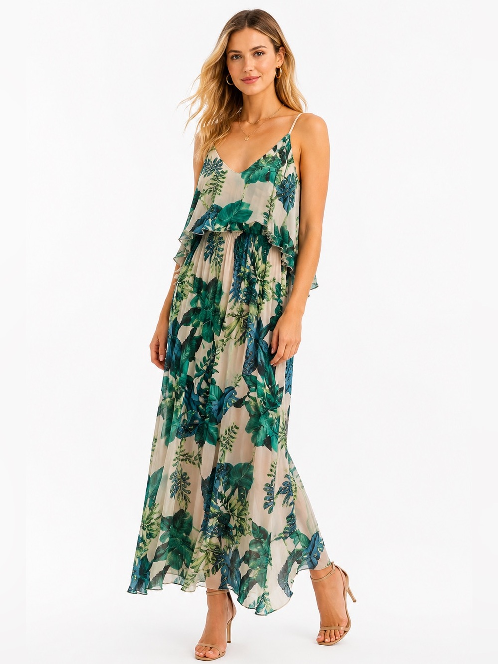 Elena Belli Made in Italy Tropical Leaf Print Tiered Maxi Dress Small NWT Resort